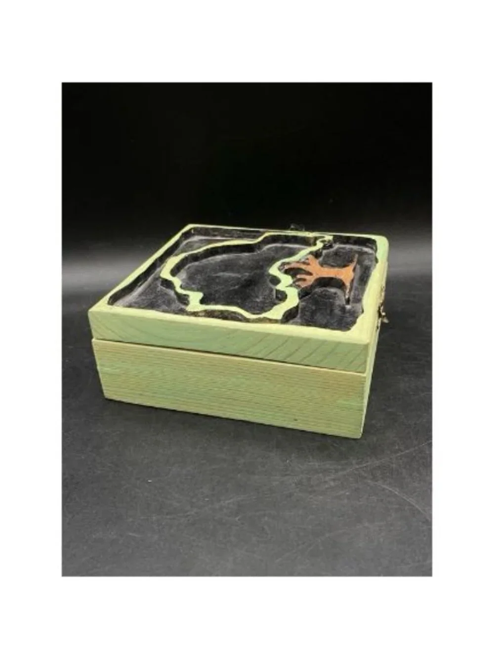 Hand Carved Green Wooden Box Tree of Life Keepsake 6”
